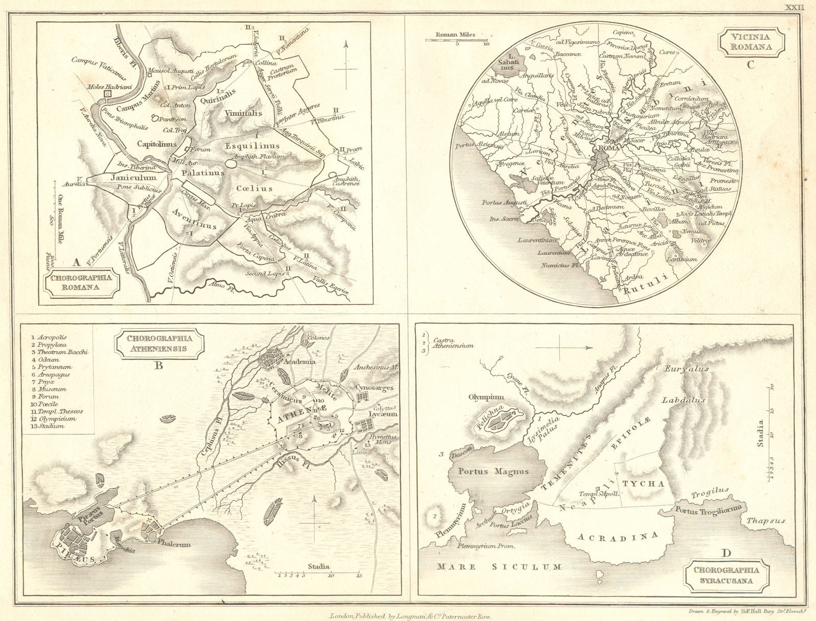 ROME. Athens Syracuse 1847 old antique vintage map plan chart